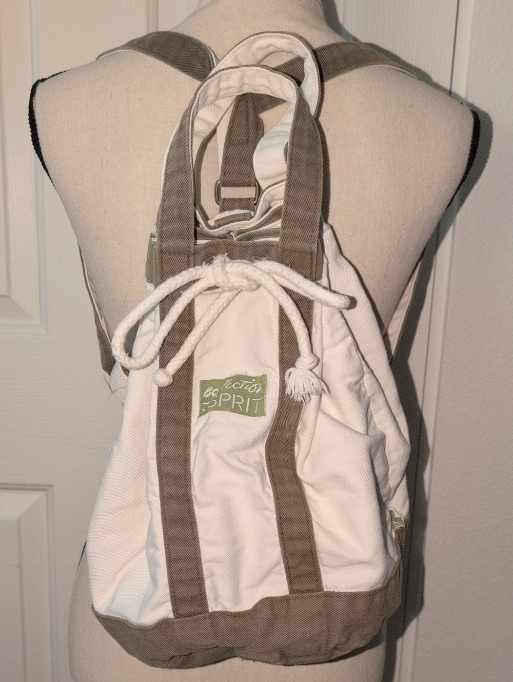 Vintage Esprit Ecollection Cream and Olive Cotton Drawstring Tote/Backpack